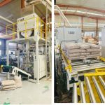 15KG Koka granulu svēršana uzpildīšana maisos Palešu likšanas līnija ir gatava piegādei